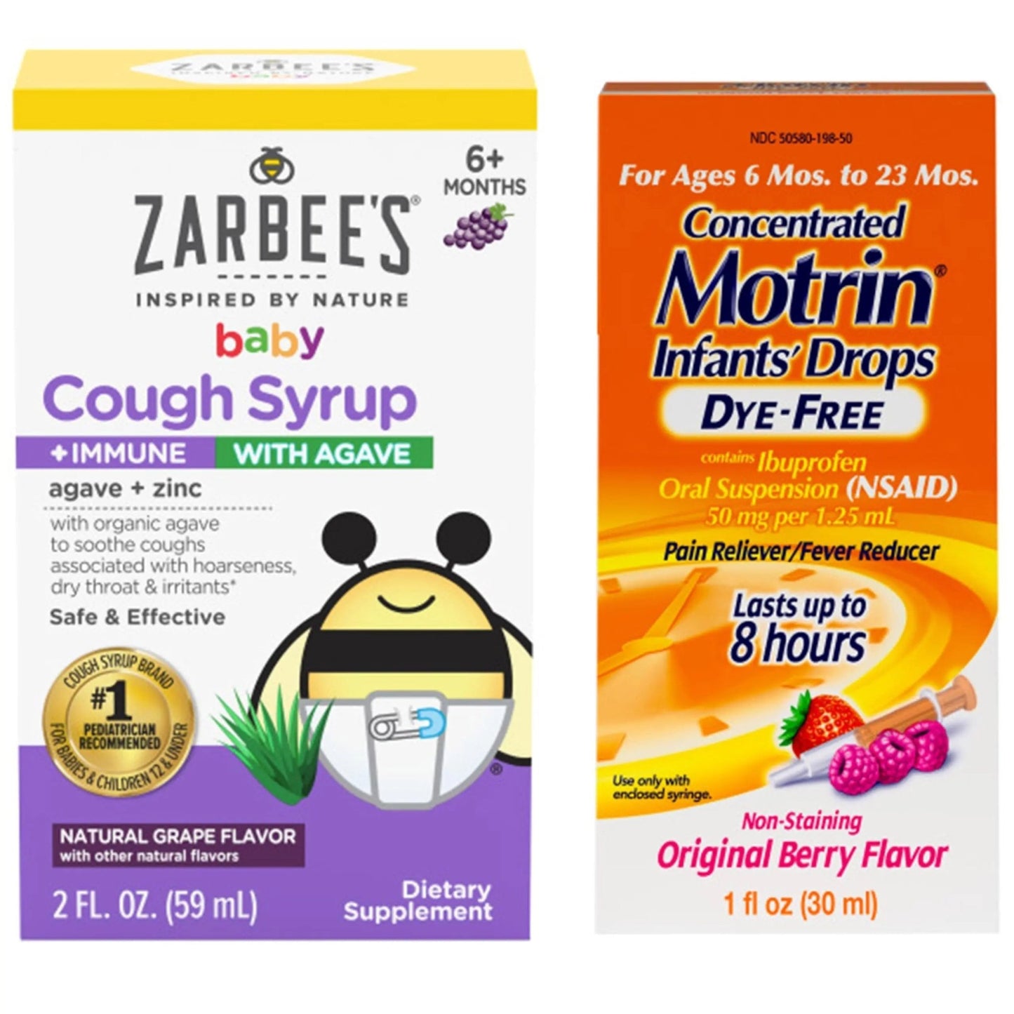 Motrin and Zarbee’s Essentials for Infants Infants' Concentrated Liquid Medicine Drops with Ibuprofen and Zarbee's Baby Coughⱡ Syrup + Immune with Organic Agave + Zinc - dailyvitalstore