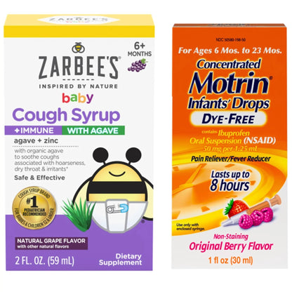 Motrin and Zarbee’s Essentials for Infants Infants' Concentrated Liquid Medicine Drops with Ibuprofen and Zarbee's Baby Coughⱡ Syrup + Immune with Organic Agave + Zinc - dailyvitalstore