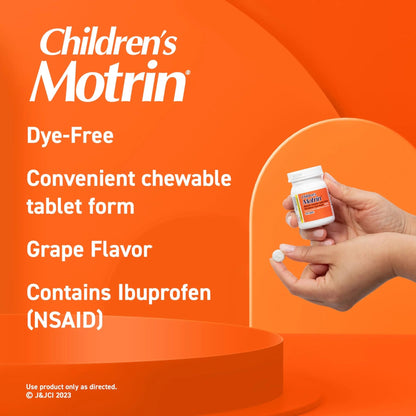 Motrin Children's Dye-Free Chewable Tablets with Ibuprofen, Kids' Fever Reducer & Pain Reliever for Sore Throat, Fever, Toothache & Pain Relief, Grape Flavor, 24 Count (Pack of 2) - dailyvitalstore