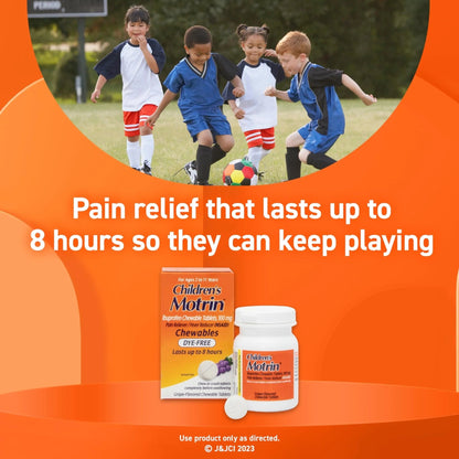 Motrin Children's Dye-Free Chewable Tablets with Ibuprofen, Kids' Fever Reducer & Pain Reliever for Sore Throat, Fever, Toothache & Pain Relief, Grape Flavor, 24 Count (Pack of 2) - dailyvitalstore