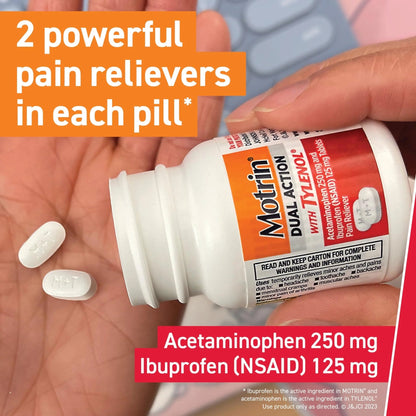 Motrin Dual Action with Tylenol, Fast-Acting Dual Action Pain Reliever with Ibuprofen & Acetaminophen for Minor Aches & Pains, Ibuprofen (NSAID) 125 mg & Acetaminophen 250 mg, 80 ct - dailyvitalstore