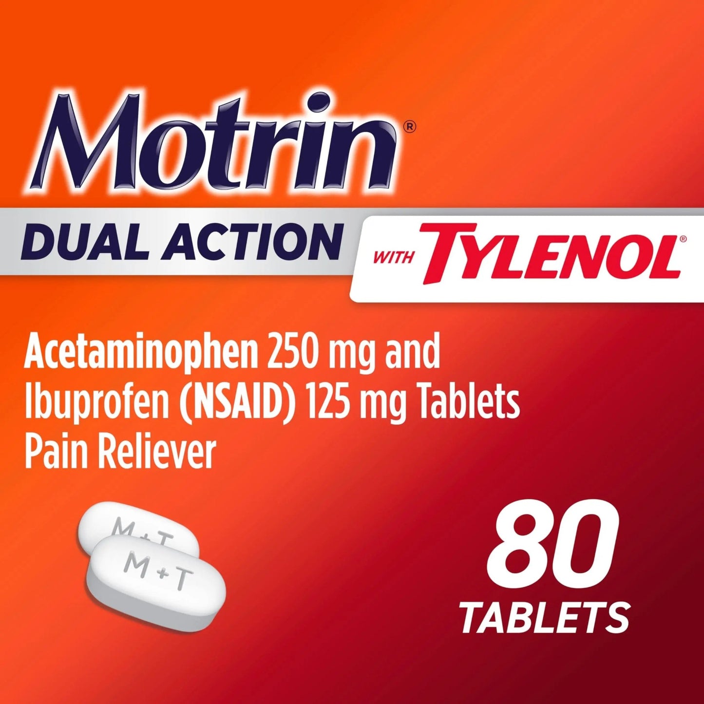 Motrin Dual Action with Tylenol, Fast-Acting Dual Action Pain Reliever with Ibuprofen & Acetaminophen for Minor Aches & Pains, Ibuprofen (NSAID) 125 mg & Acetaminophen 250 mg, 80 ct - dailyvitalstore
