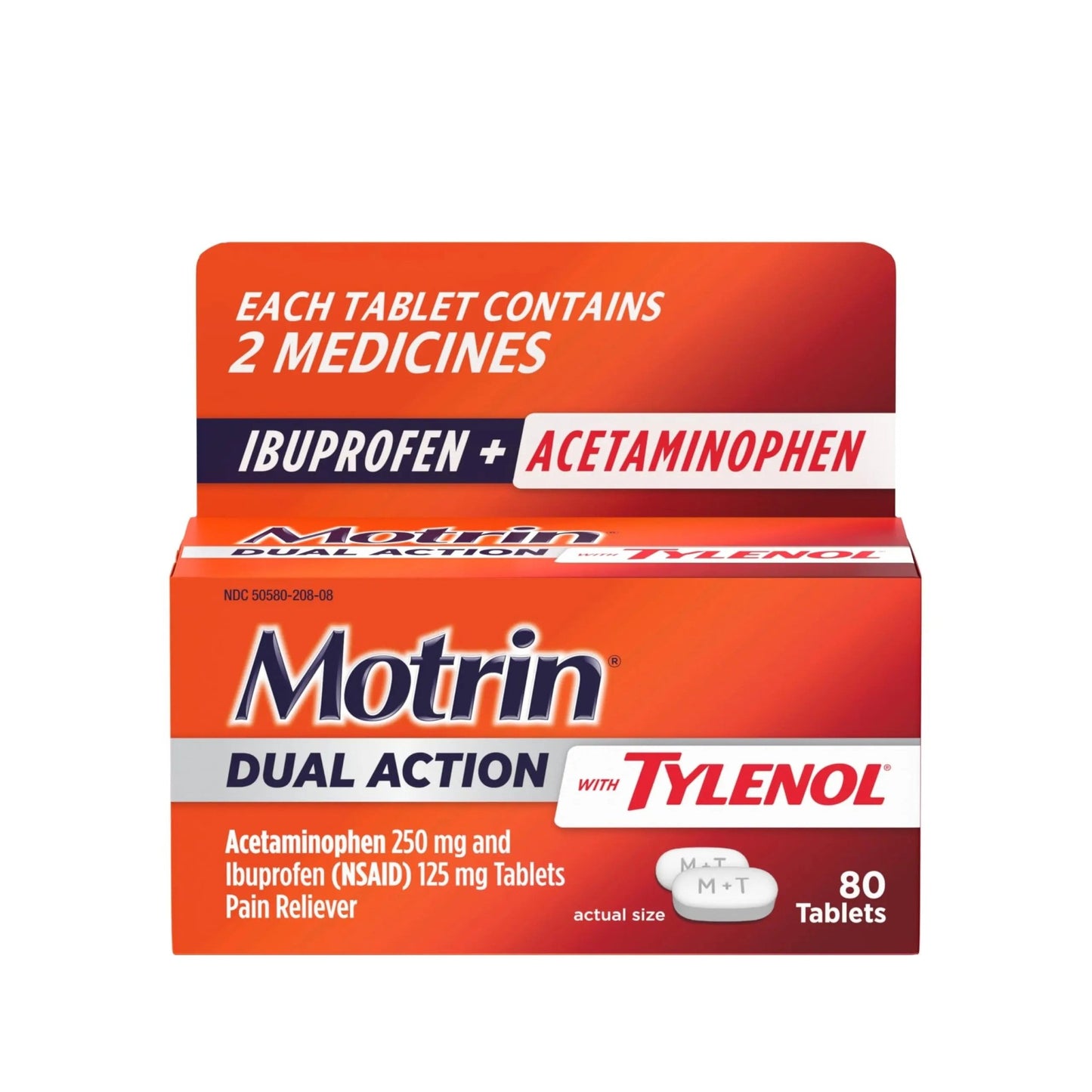 Motrin Dual Action with Tylenol, Fast-Acting Dual Action Pain Reliever with Ibuprofen & Acetaminophen for Minor Aches & Pains, Ibuprofen (NSAID) 125 mg & Acetaminophen 250 mg, 80 ct - dailyvitalstore
