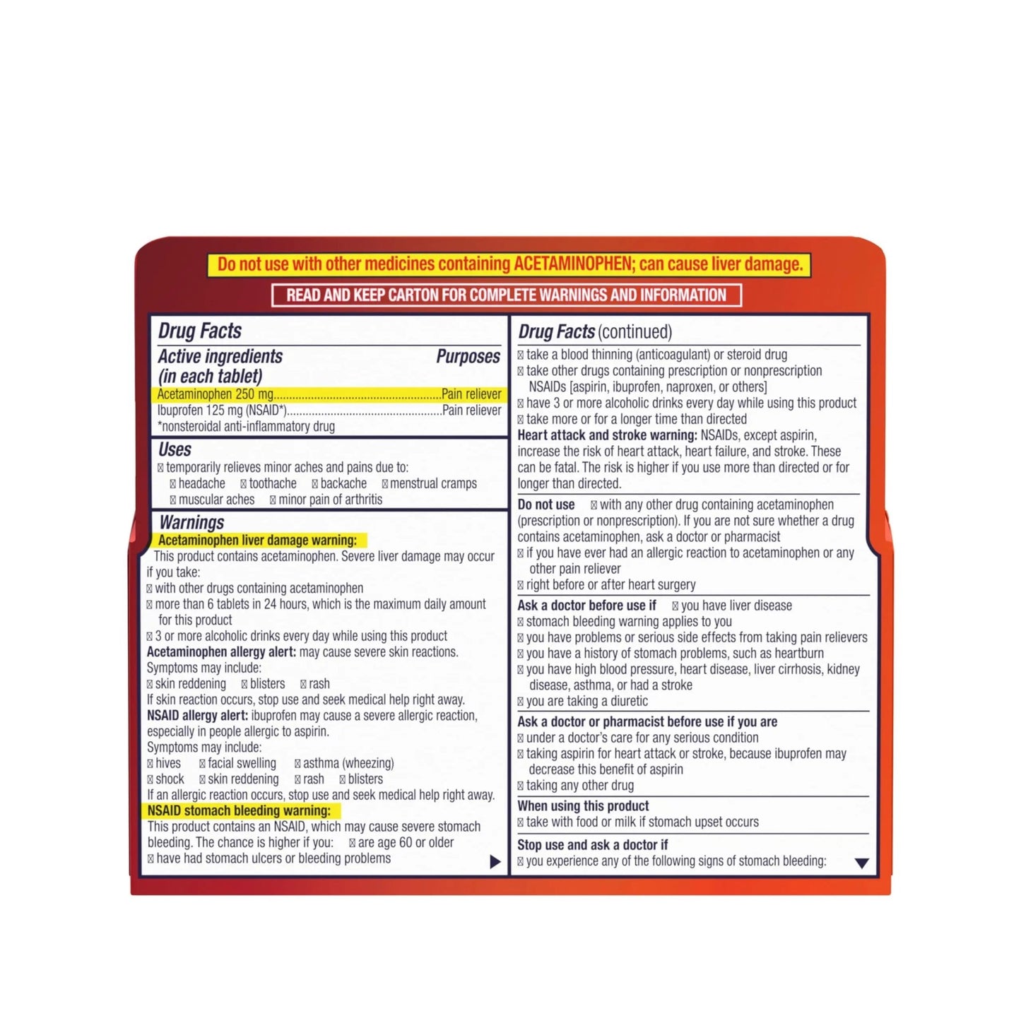 Motrin Dual Action with Tylenol, Ibuprofen & Acetaminophen Fast-Acting Dual Action Pain Reliever for Minor Aches & Pains, Ibuprofen (NSAID) 125 mg & Acetaminophen 250 mg, 120 ct - dailyvitalstore