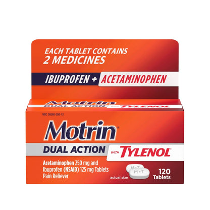 Motrin Dual Action with Tylenol, Ibuprofen & Acetaminophen Fast-Acting Dual Action Pain Reliever for Minor Aches & Pains, Ibuprofen (NSAID) 125 mg & Acetaminophen 250 mg, 120 ct - dailyvitalstore