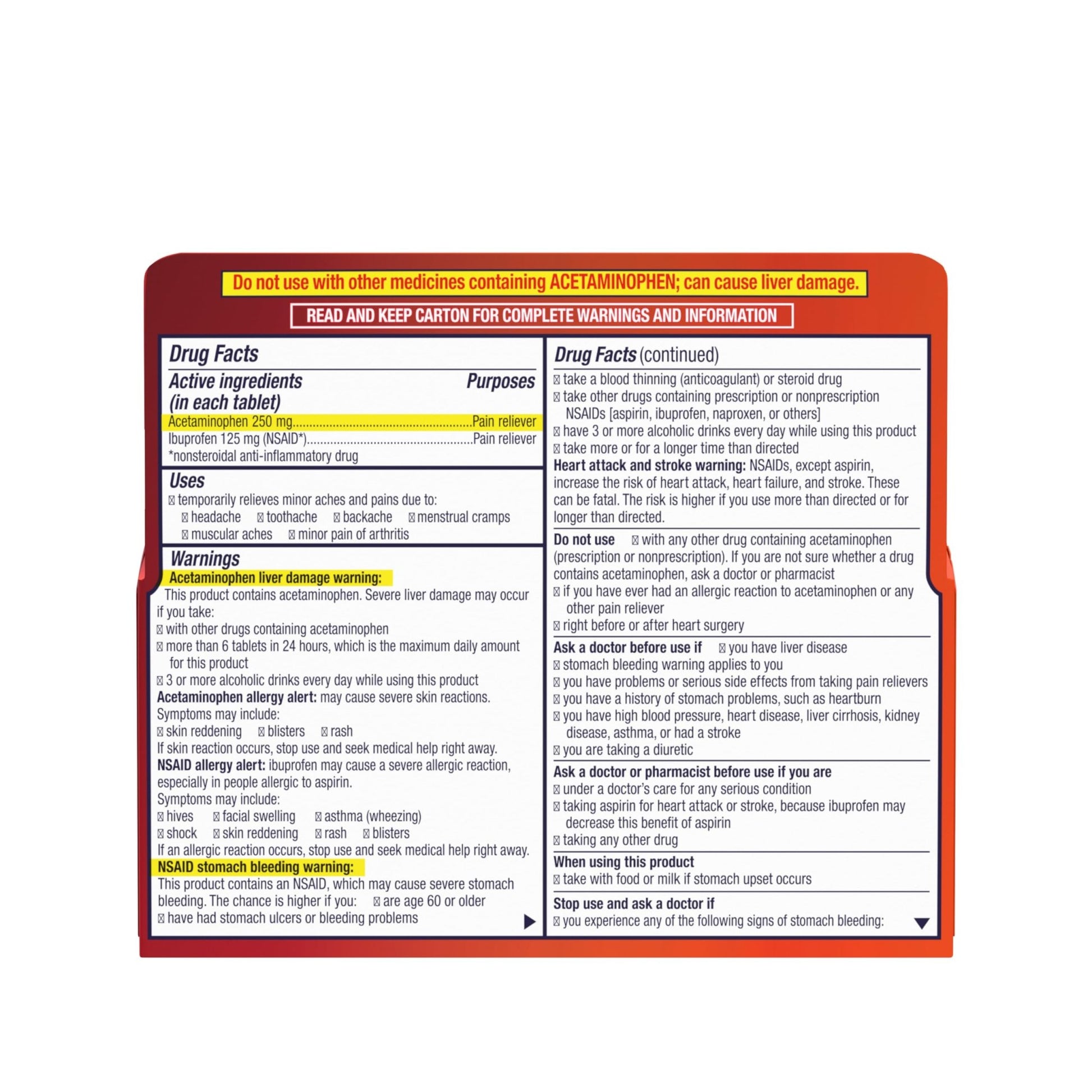 Motrin Dual Action with Tylenol, Ibuprofen & Acetaminophen Fast-Acting, Long Lasting Pain Reliever for Minor Aches & Pains, Ibuprofen (NSAID) 125 mg & Acetaminophen 250 mg, 120 ct - dailyvitalstore