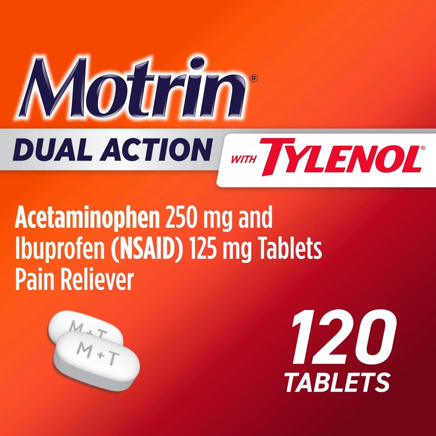 Motrin Dual Action with Tylenol, Ibuprofen & Acetaminophen Fast-Acting, Long Lasting Pain Reliever for Minor Aches & Pains, Ibuprofen (NSAID) 125 mg & Acetaminophen 250 mg, 120 ct - dailyvitalstore
