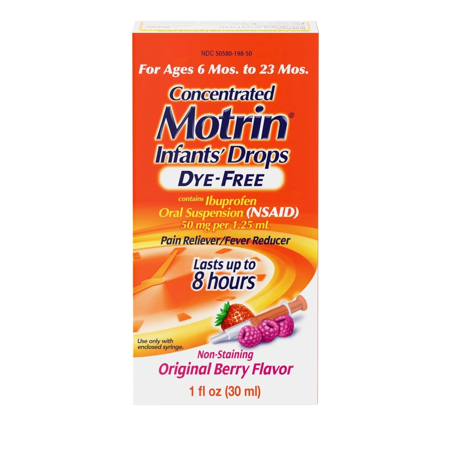 Motrin Infants Infant Ibuprofen Oral Suspension Concentrated Drops, NSAID Fever Reducer & Pain Reliever for Babies, Dye Free, Alcohol-Free, Berry Flavor, Includes Enclosed Syringe, 1 fl. oz - dailyvitalstore