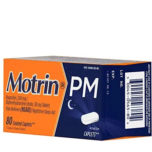Motrin PM Caplets with 200 mg Ibuprofen & 38 mg Diphenhydramine Sleep Aid, Nighttime Pain Reliever for Minor Aches & Pains, Bulk, 80 ct - dailyvitalstore