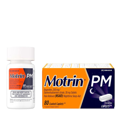 Motrin PM Caplets with 200 mg Ibuprofen & 38 mg Diphenhydramine Sleep Aid, Nighttime Pain Reliever for Minor Aches & Pains, Bulk, 80 ct - dailyvitalstore