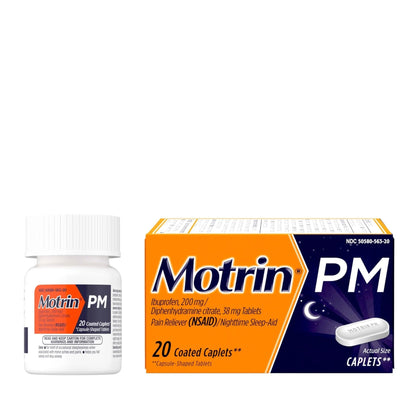 Motrin PM Pain Relief Caplets with 200 mg Ibuprofen & 38 mg Diphenhydramine Sleep Aid, Nighttime Pain Reliever for Minor Aches & Pains Helps You Fall Asleep & Stay Asleep, 20 ct - dailyvitalstore