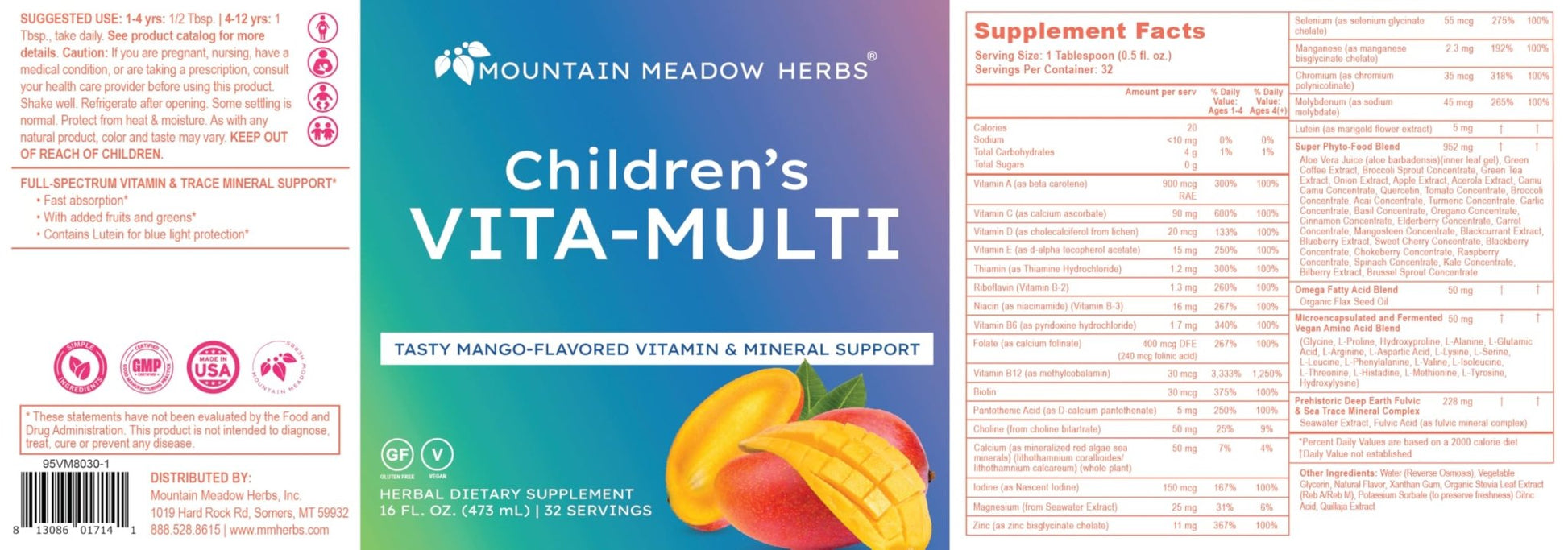 Mountain Meadow Herbs Children's Vita-Multi: Blended Vitamin & Mineral Supplement - Fast Absorbing Liquid Kids Vitamins with Fruits, Greens, and Eye-Protecting Lutein (16 oz.) - dailyvitalstore