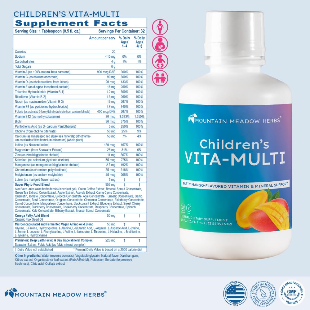 Mountain Meadow Herbs Children's Vita-Multi: Blended Vitamin & Mineral Supplement - Fast Absorbing Liquid Kids Vitamins with Fruits, Greens, and Eye-Protecting Lutein (16 oz.) - dailyvitalstore