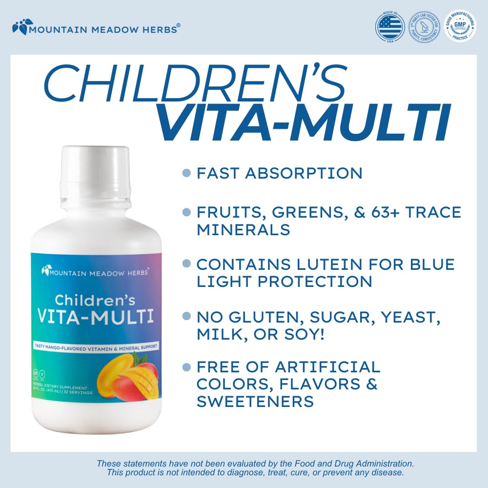 Mountain Meadow Herbs Children's Vita-Multi: Blended Vitamin & Mineral Supplement - Fast Absorbing Liquid Kids Vitamins with Fruits, Greens, and Eye-Protecting Lutein (16 oz.) - dailyvitalstore