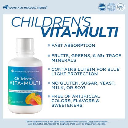 Mountain Meadow Herbs Children's Vita-Multi: Blended Vitamin & Mineral Supplement - Fast Absorbing Liquid Kids Vitamins with Fruits, Greens, and Eye-Protecting Lutein (16 oz.) - dailyvitalstore