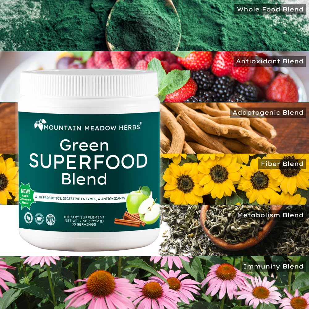 Mountain Meadow Herbs Green Superfood Blend – Spirulina, Chlorella, Mushrooms, Probiotics, Digestive Enzymes, Antioxidants – Organic Greens Powder for Energy & Gut Health – 30 Servings - dailyvitalstore