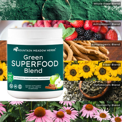 Mountain Meadow Herbs Green Superfood Blend – Spirulina, Chlorella, Mushrooms, Probiotics, Digestive Enzymes, Antioxidants – Organic Greens Powder for Energy & Gut Health – 30 Servings - dailyvitalstore