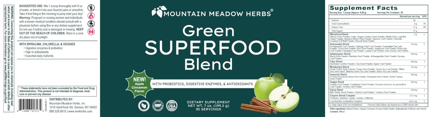 Mountain Meadow Herbs Green Superfood Blend – Spirulina, Chlorella, Mushrooms, Probiotics, Digestive Enzymes, Antioxidants – Organic Greens Powder for Energy & Gut Health – 30 Servings - dailyvitalstore