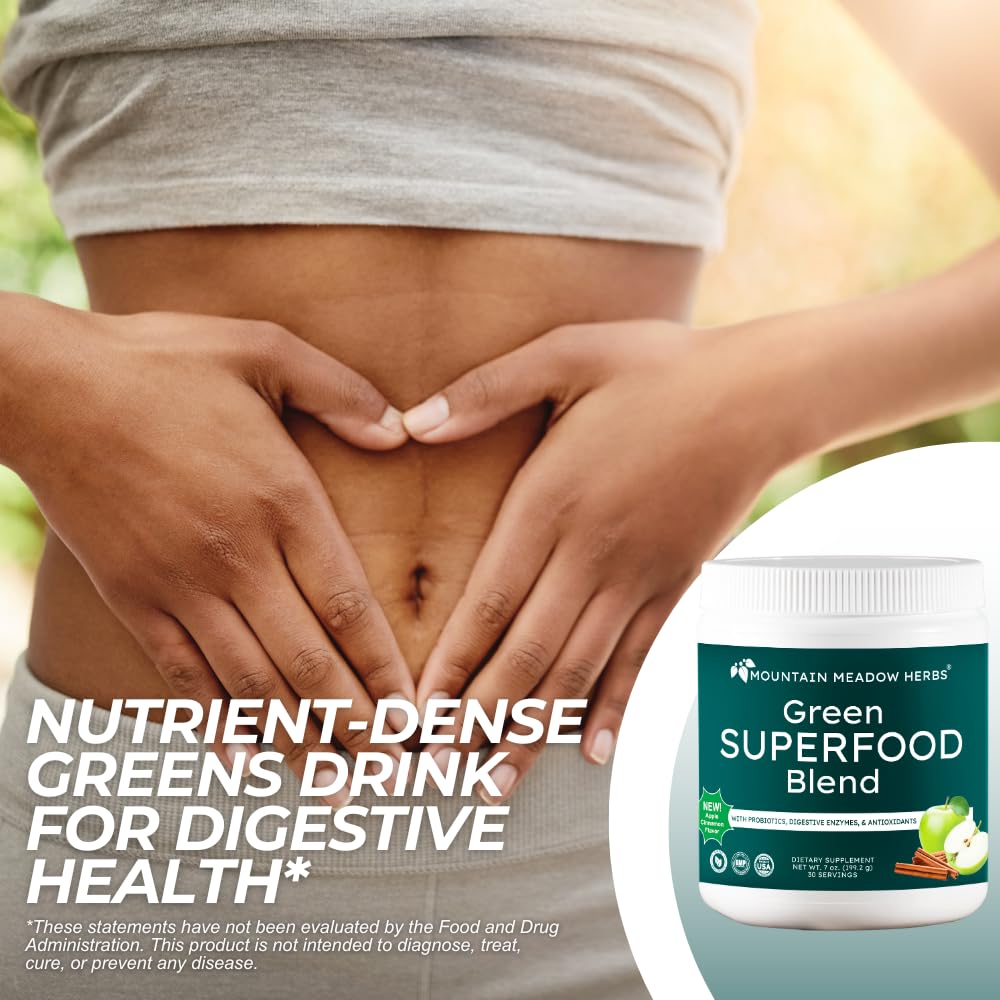 Mountain Meadow Herbs Green Superfood Blend – Spirulina, Chlorella, Mushrooms, Probiotics, Digestive Enzymes, Antioxidants – Organic Greens Powder for Energy & Gut Health – 30 Servings - dailyvitalstore
