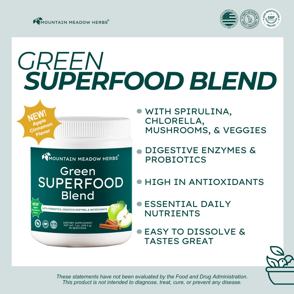 Mountain Meadow Herbs Green Superfood Blend – Spirulina, Chlorella, Mushrooms, Probiotics, Digestive Enzymes, Antioxidants – Organic Greens Powder for Energy & Gut Health – 30 Servings - dailyvitalstore