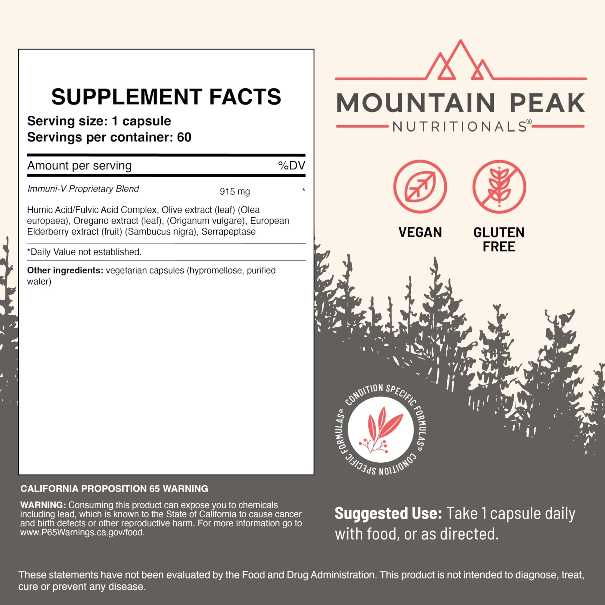 Mountain Peak Nutritionals Immuni-V - Immune System & Whole Body Support Supplement - Natural Antioxidant Booster with Humic Acid, Olive Extract, & Elderberry (60 Vegetarian Capsules) - dailyvitalstore
