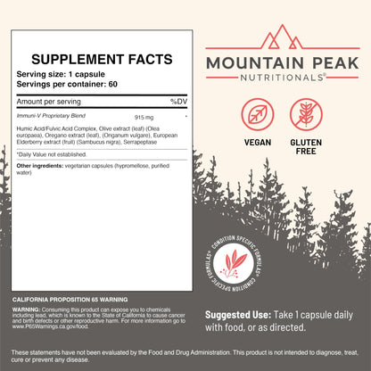 Mountain Peak Nutritionals Immuni-V - Immune System & Whole Body Support Supplement - Natural Antioxidant Booster with Humic Acid, Olive Extract, & Elderberry (60 Vegetarian Capsules) - dailyvitalstore