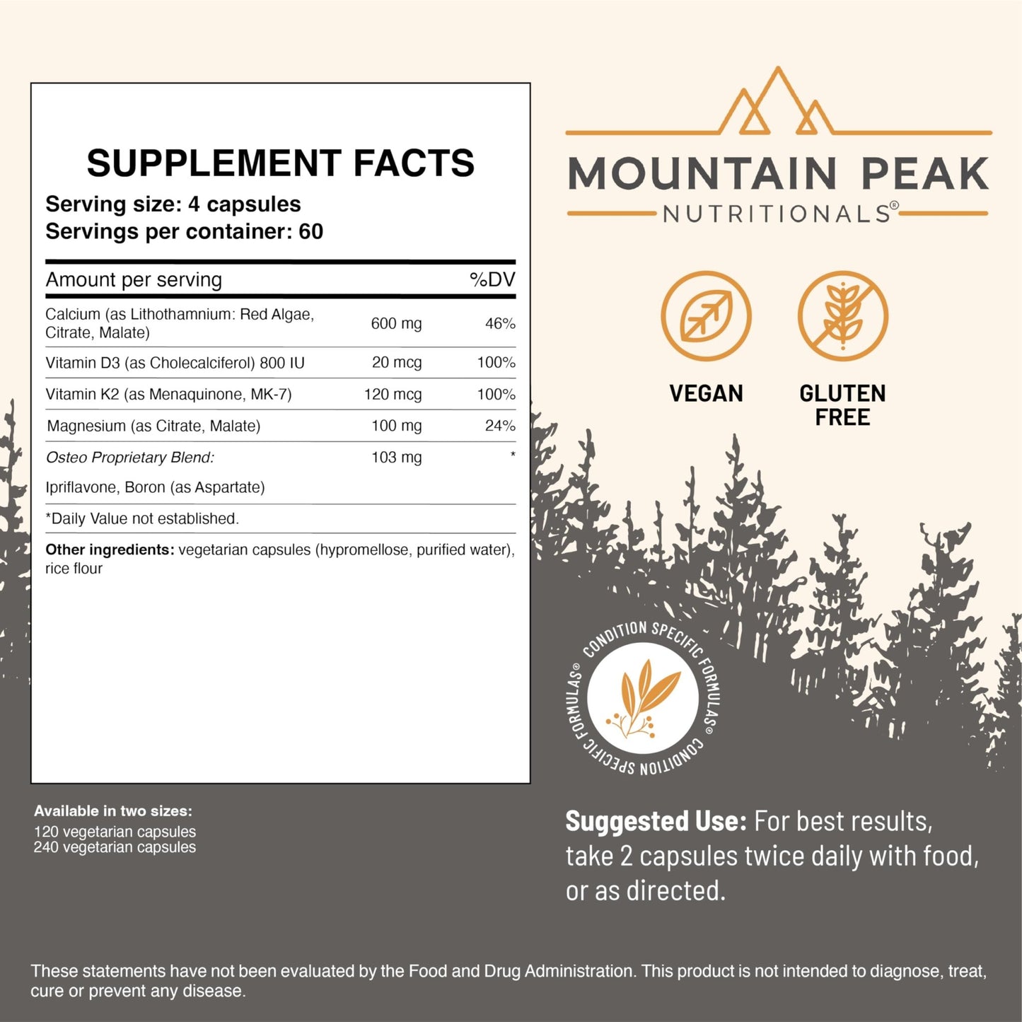 Mountain Peak Nutritionals Osteo Supplement - Organ & Strong Bone Support, Promotes Bone Health - With Vitamins D3, K2, Calcium, and Magnesium - Bone Building & Strengthening (240 Vegetarian Capsules) - dailyvitalstore
