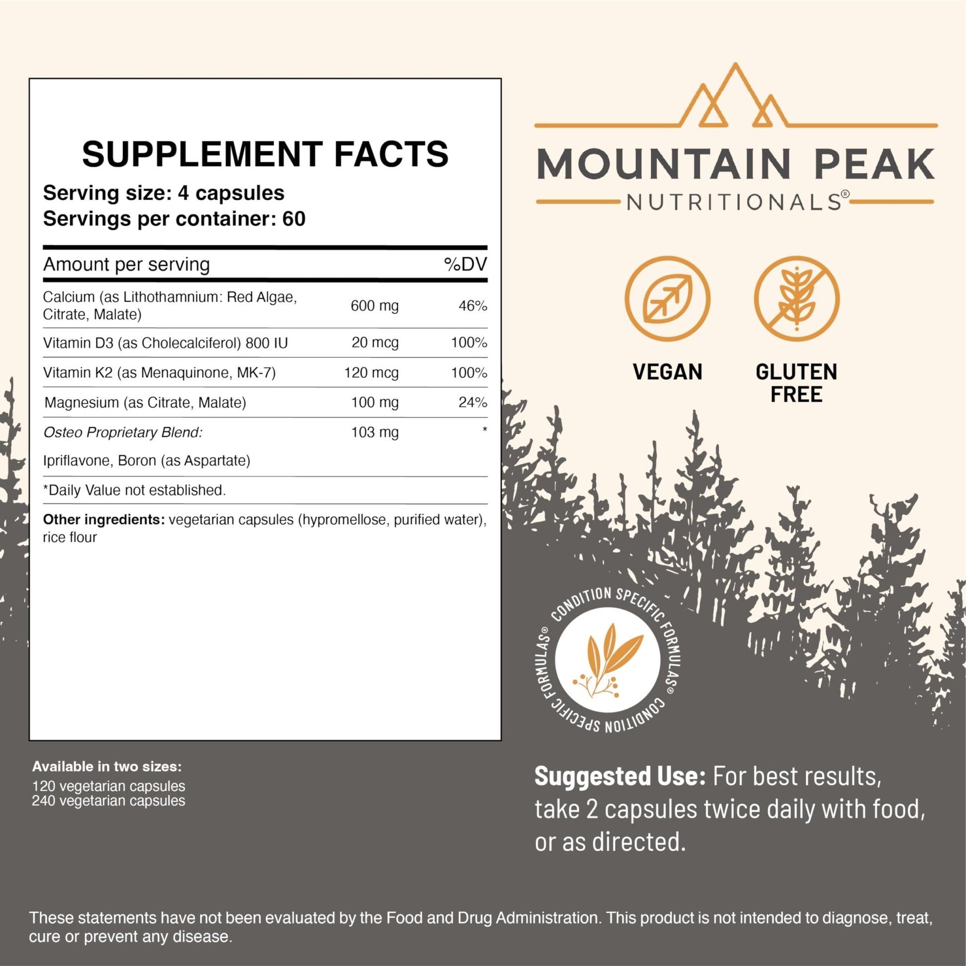 Mountain Peak Nutritionals Osteo Supplement - Organ & Strong Bone Support, Promotes Bone Health - With Vitamins D3, K2, Calcium, and Magnesium - Bone Building & Strengthening (240 Vegetarian Capsules) - dailyvitalstore