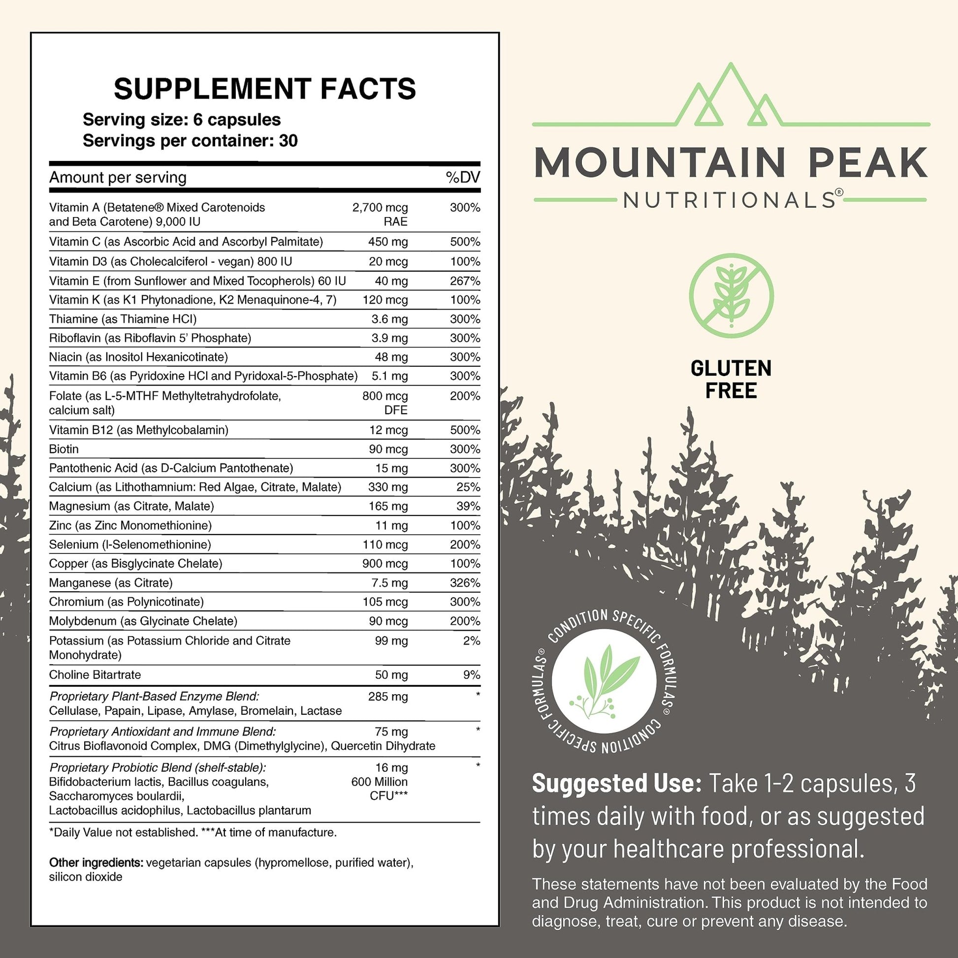 Mountain Peak Nutritionals Ultra High Multivitamin for Men & Women - with Vitamins A, B12, B6, C, D, E, Magnesium, Zinc, Folic Acid, Digestive Enzymes & Probiotics (180 Vegetarian Capsules) - dailyvitalstore