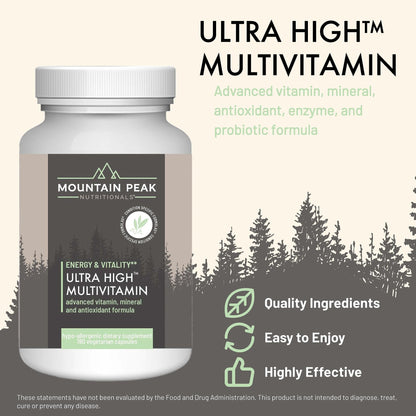 Mountain Peak Nutritionals Ultra High Multivitamin for Men & Women - with Vitamins A, B12, B6, C, D, E, Magnesium, Zinc, Folic Acid, Digestive Enzymes & Probiotics (180 Vegetarian Capsules) - dailyvitalstore