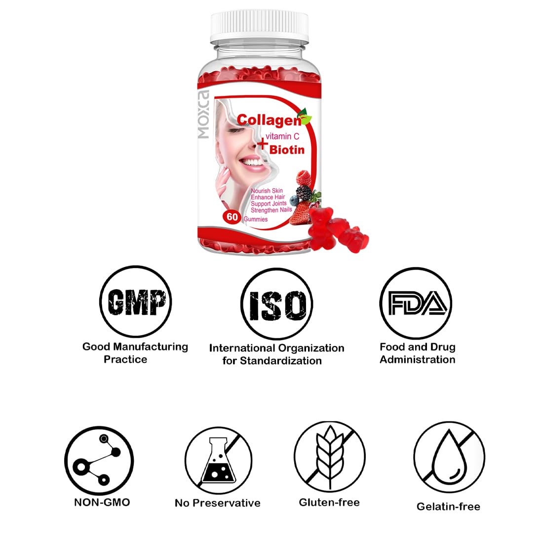 Moxca Hydrolyzed Marine Collagen Gummies for Women | Vegan Collagen Support with Biotin, Vitamins C & E | Daily Beauty Supplement for Hair, Skin & Nails | Natural Fruit Flavor, Clean Formula - dailyvitalstore