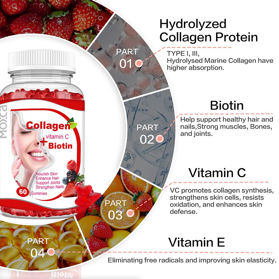 Moxca Hydrolyzed Marine Collagen Gummies for Women | Vegan Collagen Support with Biotin, Vitamins C & E | Daily Beauty Supplement for Hair, Skin & Nails | Natural Fruit Flavor, Clean Formula - dailyvitalstore