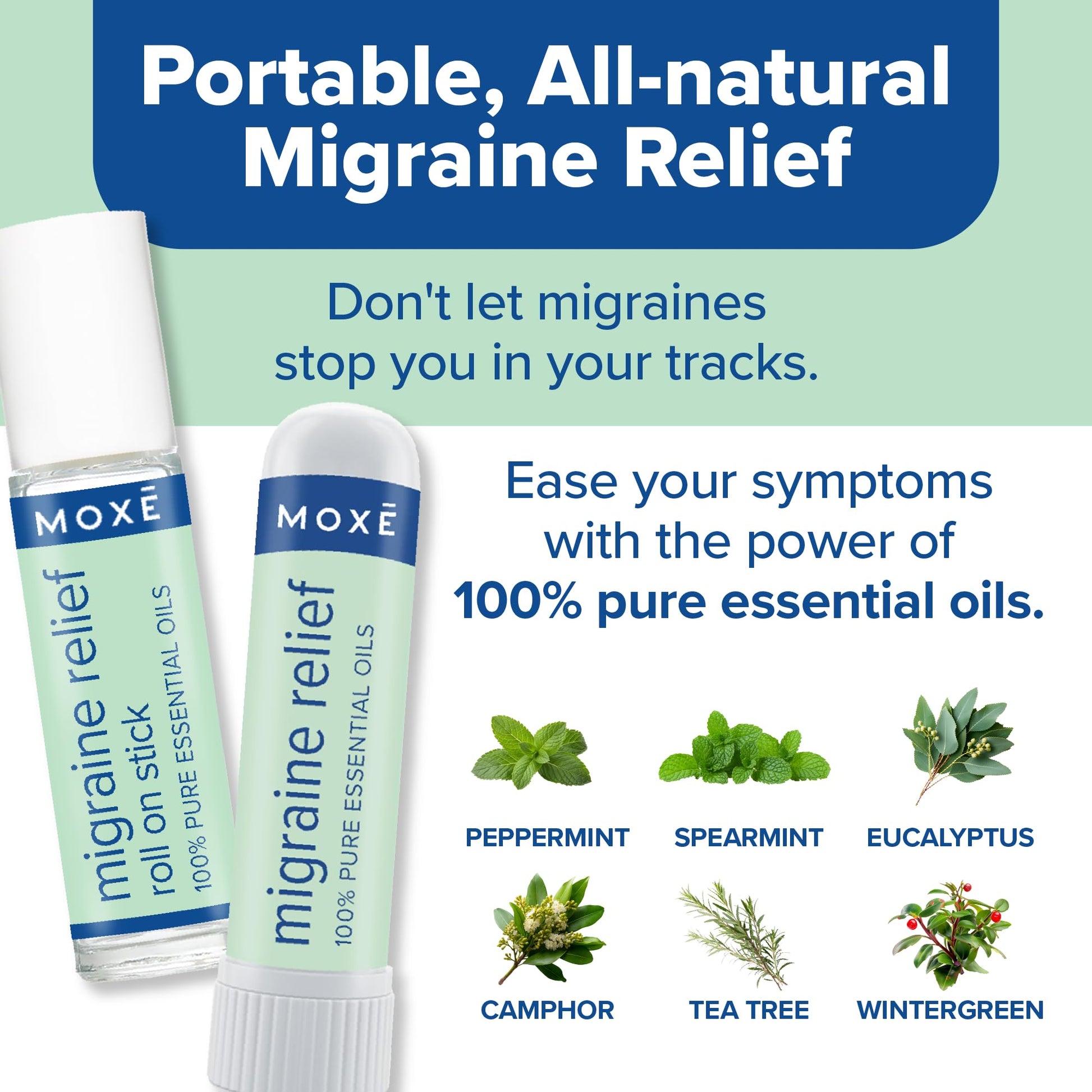 MOXE Migraine Rollon Stick & Nasal Inhaler, Fast Cooling Comfort for Headaches & Tension, Non-Medicated Soothing Vapors, Peppermint, Eucalyptus, and Other Essential Oils, Metal Roller, Made in USA - dailyvitalstore