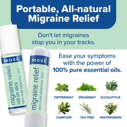 MOXE Migraine Rollon Stick & Nasal Inhaler, Fast Cooling Comfort for Headaches & Tension, Non-Medicated Soothing Vapors, Peppermint, Eucalyptus, and Other Essential Oils, Metal Roller, Made in USA - dailyvitalstore