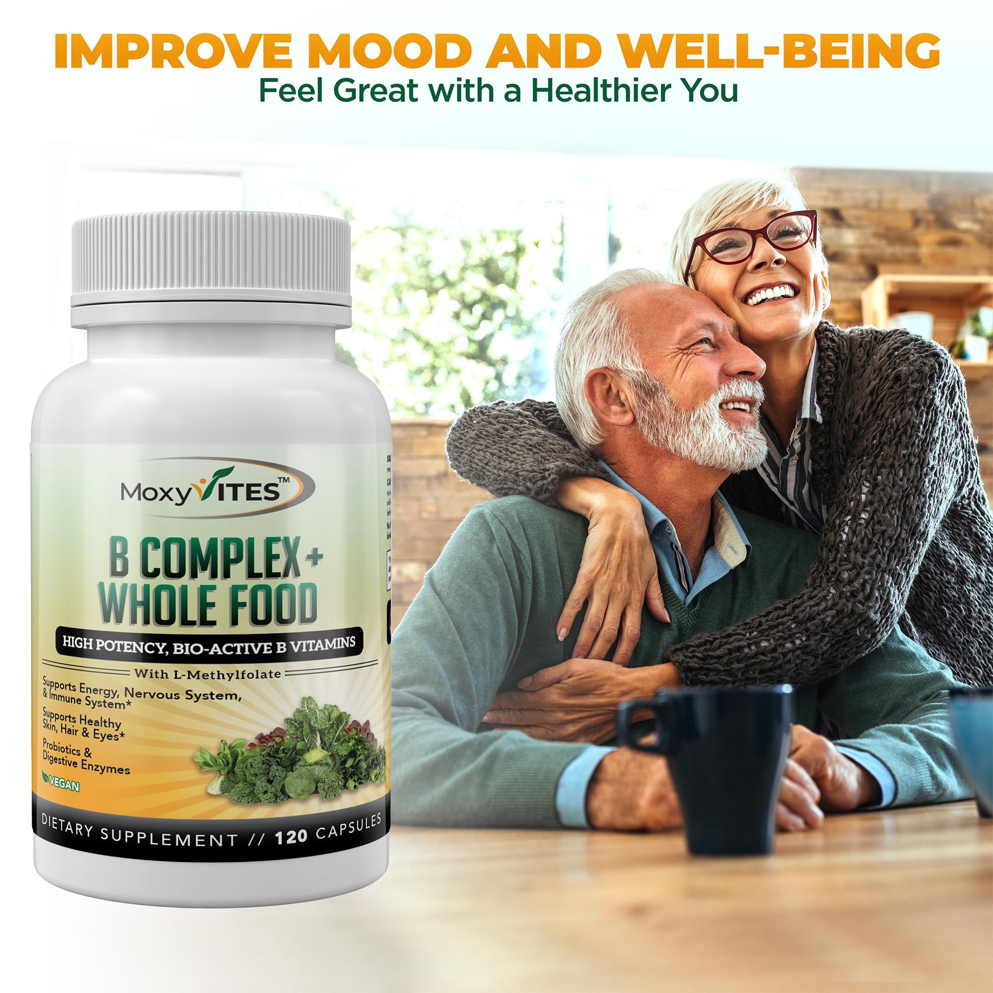 MoxyVites Vitamin B Complex - B Vitamins Whole Food Supplement, B12 Methylcobalamin, B1, B2, B3, B5, B6, B7, B9 - for Stress - dailyvitalstore