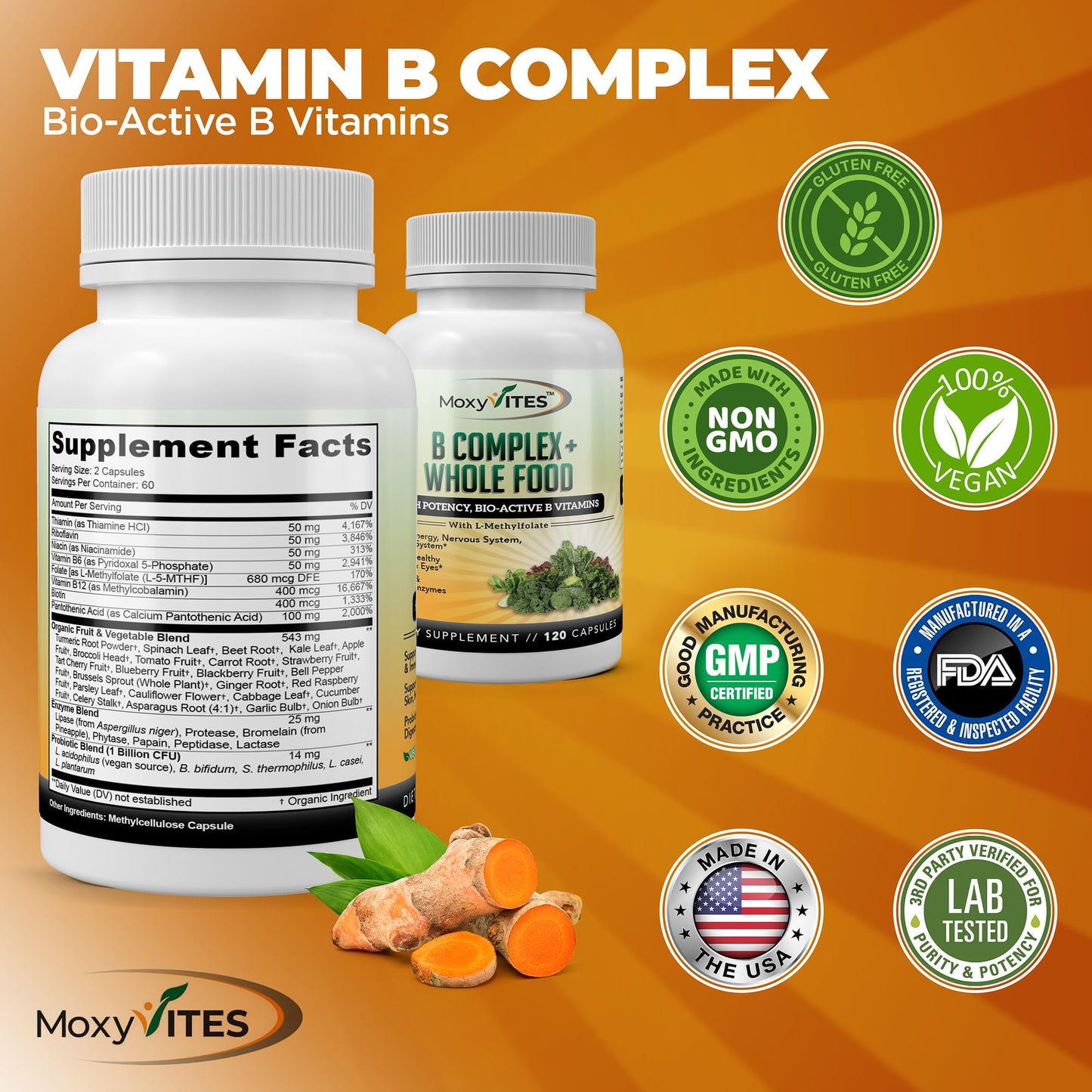 MoxyVites Vitamin B Complex - B Vitamins Whole Food Supplement, B12 Methylcobalamin, B1, B2, B3, B5, B6, B7, B9 - for Stress - dailyvitalstore