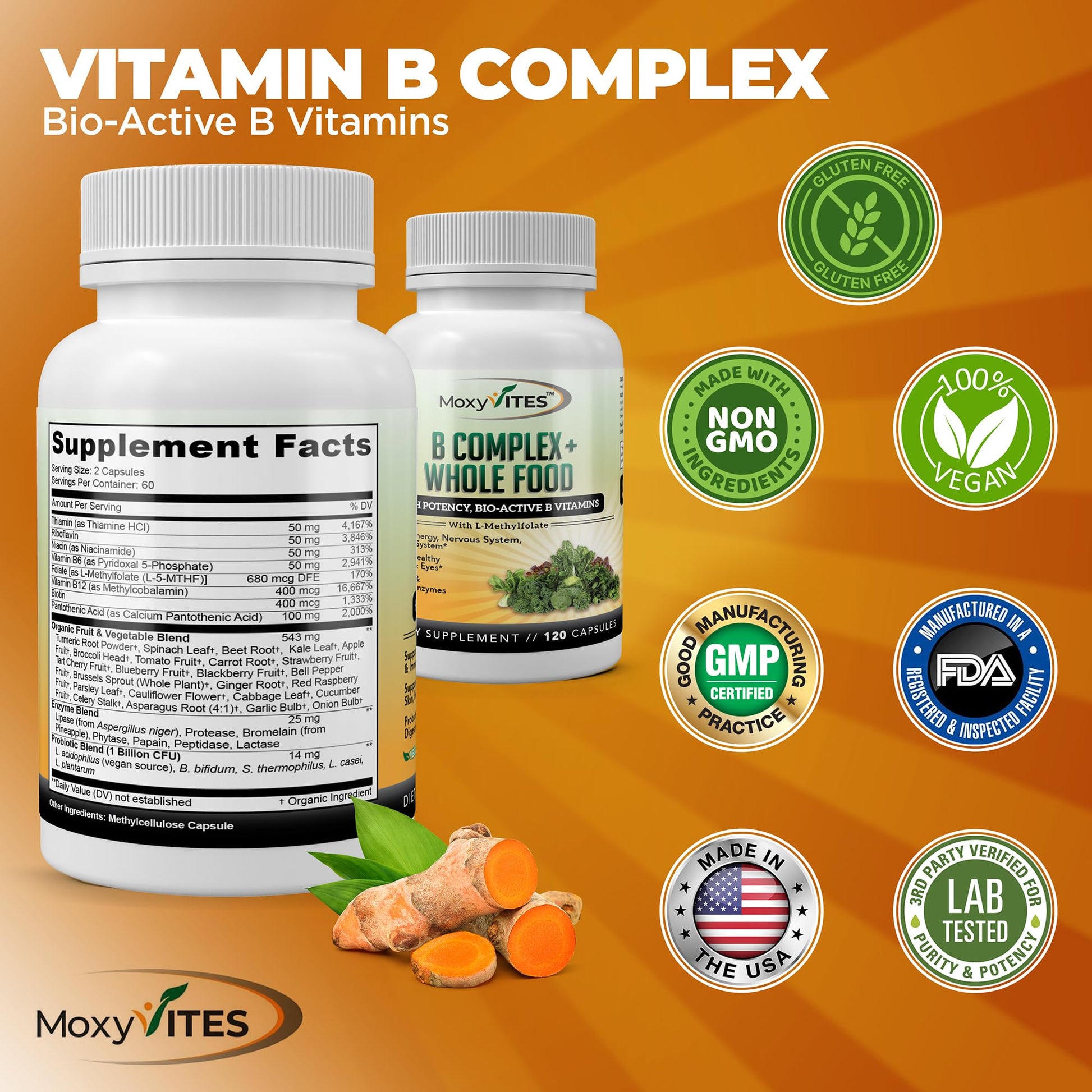 MoxyVites Vitamin B Complex - B Vitamins Whole Food Supplement, B12 Methylcobalamin, B1, B2, B3, B5, B6, B7, B9 - for Stress - dailyvitalstore