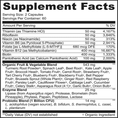 MoxyVites Vitamin B Complex - B Vitamins Whole Food Supplement, B12 Methylcobalamin, B1, B2, B3, B5, B6, B7, B9 - for Stress - dailyvitalstore