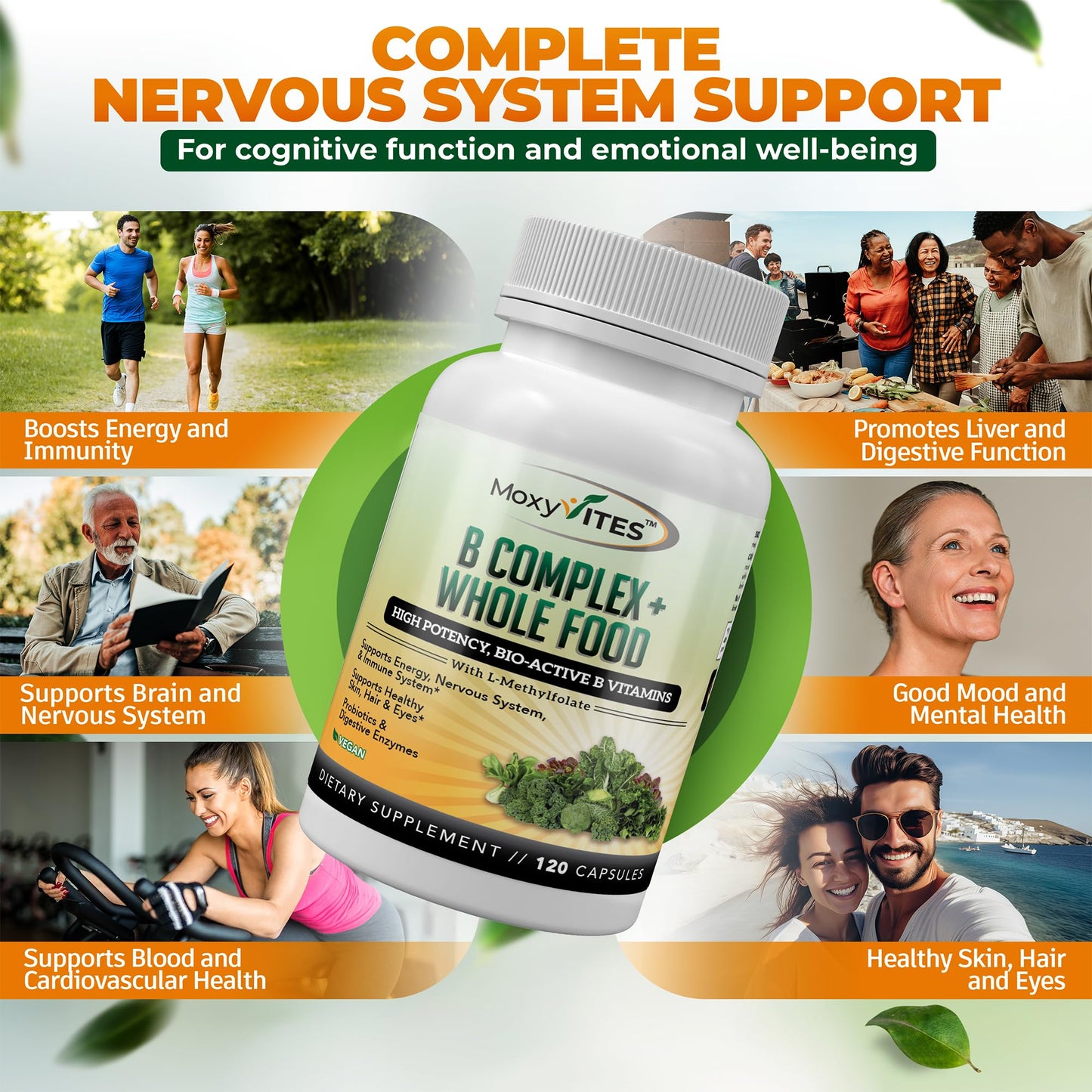 MoxyVites Vitamin B Complex - B Vitamins Whole Food Supplement, B12 Methylcobalamin, B1, B2, B3, B5, B6, B7, B9 - for Stress - dailyvitalstore