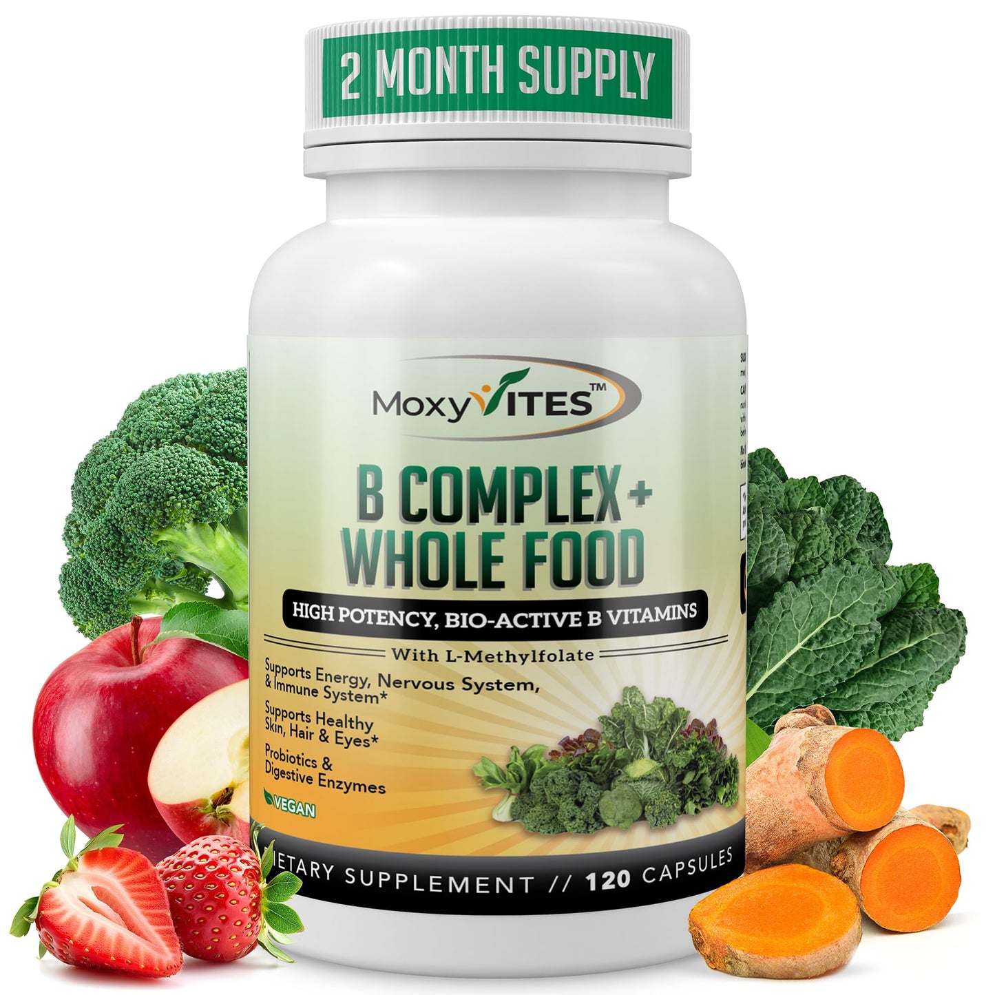 MoxyVites Vitamin B Complex - B Vitamins Whole Food Supplement, B12 Methylcobalamin, B1, B2, B3, B5, B6, B7, B9 - for Stress - dailyvitalstore