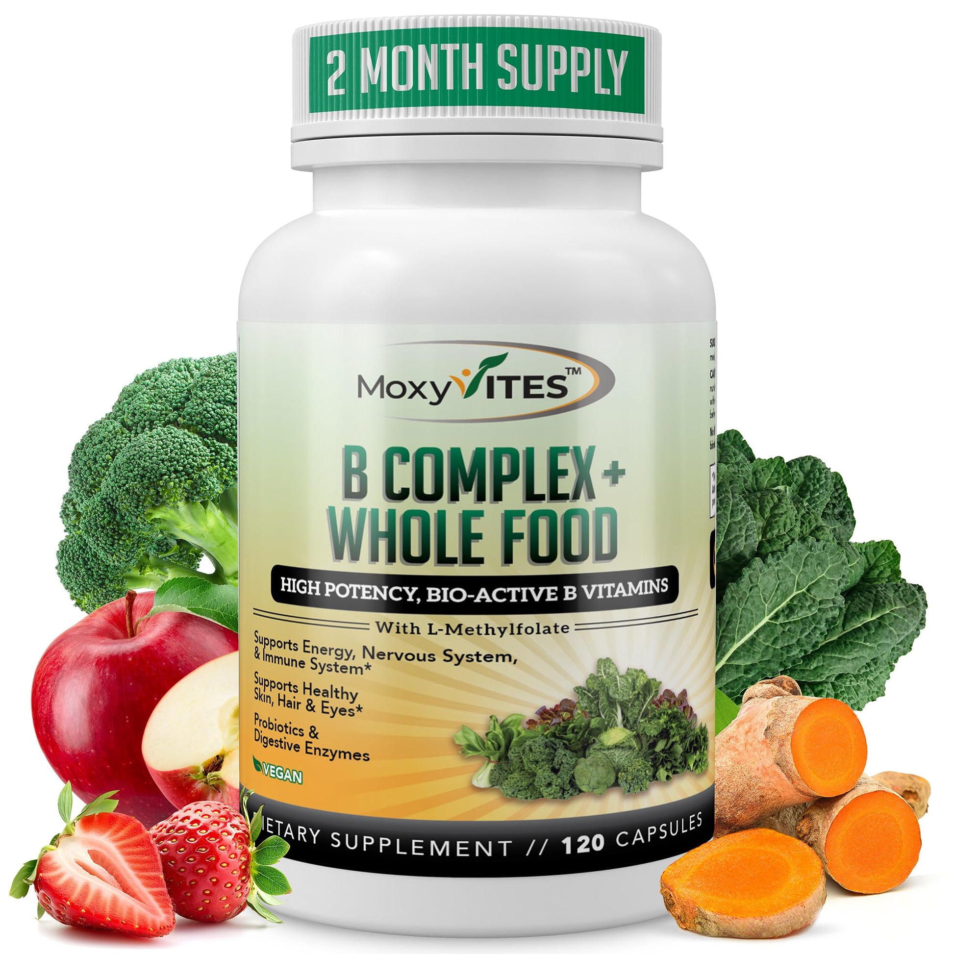 MoxyVites Vitamin B Complex - B Vitamins Whole Food Supplement, B12 Methylcobalamin, B1, B2, B3, B5, B6, B7, B9 - for Stress - dailyvitalstore