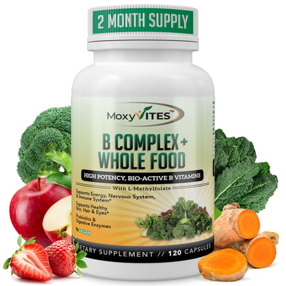 MoxyVites Vitamin B Complex - B Vitamins Whole Food Supplement, B12 Methylcobalamin, B1, B2, B3, B5, B6, B7, B9 - for Stress - dailyvitalstore