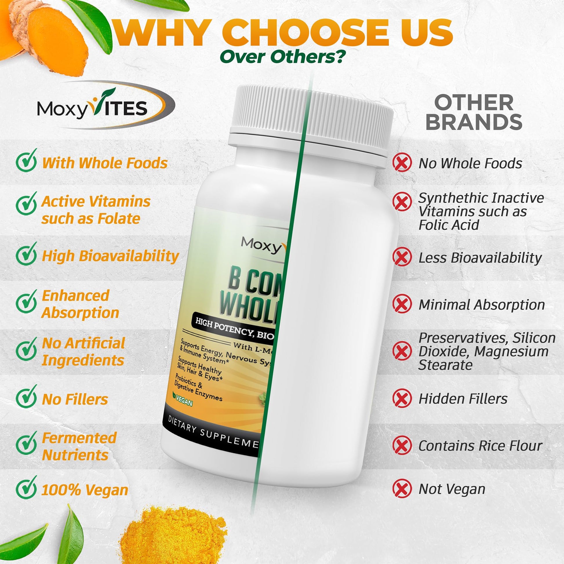 MoxyVites Vitamin B Complex - B Vitamins Whole Food Supplement, B12 Methylcobalamin, B1, B2, B3, B5, B6, B7, B9 - for Stress - dailyvitalstore