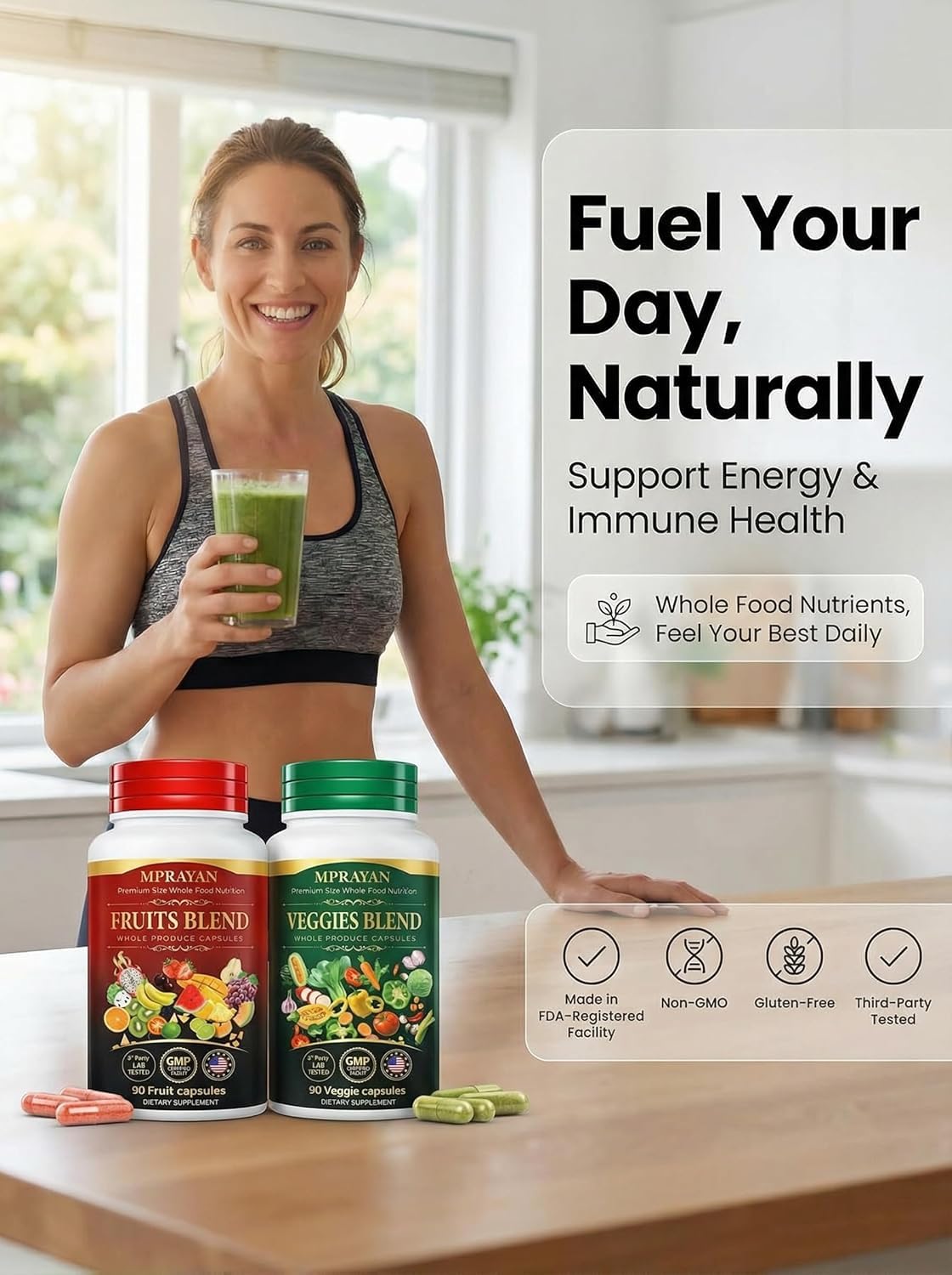 MPRAYAN Fruits and Veggies Capsules - 90 Fruits + 90 Veggies - Whole Food Superfood Supplement - Daily Greens Vitamins & Minerals - Plant Based Nutrition - Vegan Non-GMO - 180 Capsules - dailyvitalstore