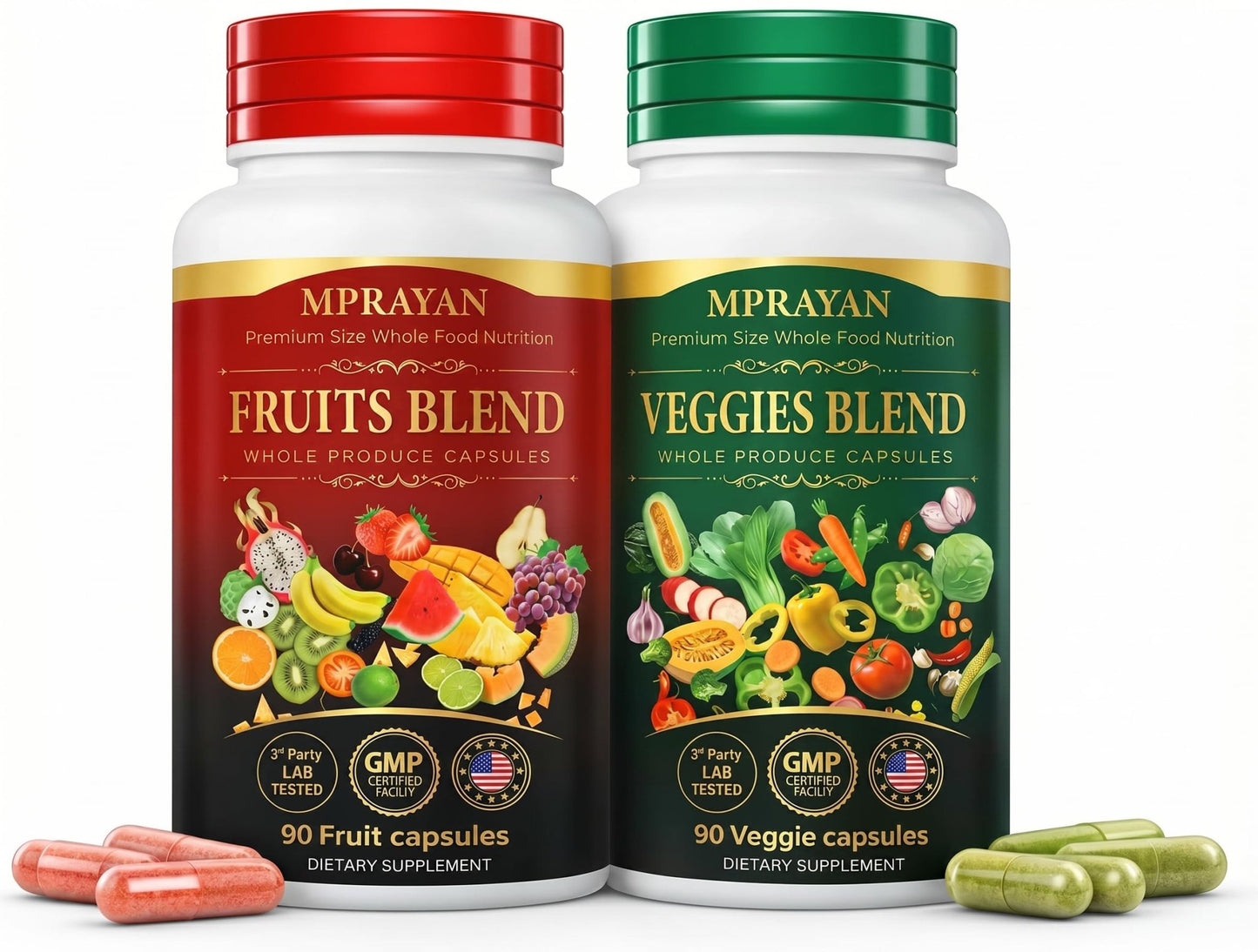 MPRAYAN Fruits and Veggies Capsules - 90 Fruits + 90 Veggies - Whole Food Superfood Supplement - Daily Greens Vitamins & Minerals - Plant Based Nutrition - Vegan Non-GMO - 180 Capsules - dailyvitalstore