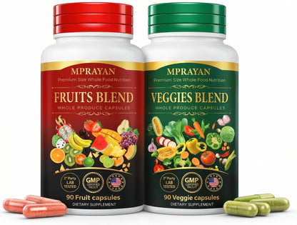 MPRAYAN Fruits and Veggies Capsules - 90 Fruits + 90 Veggies - Whole Food Superfood Supplement - Daily Greens Vitamins & Minerals - Plant Based Nutrition - Vegan Non-GMO - 180 Capsules - dailyvitalstore
