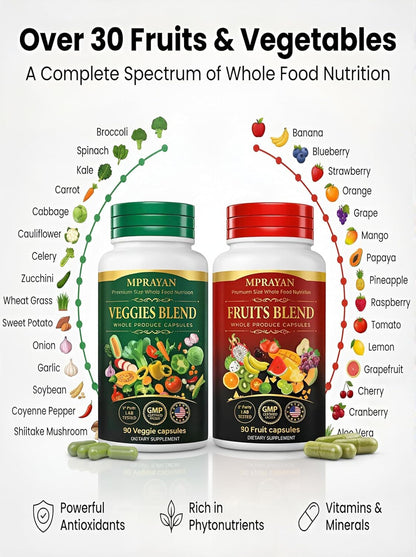 MPRAYAN Fruits and Veggies Capsules - 90 Fruits + 90 Veggies - Whole Food Superfood Supplement - Daily Greens Vitamins & Minerals - Plant Based Nutrition - Vegan Non-GMO - 180 Capsules - dailyvitalstore