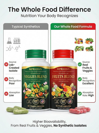 MPRAYAN Fruits and Veggies Capsules - 90 Fruits + 90 Veggies - Whole Food Superfood Supplement - Daily Greens Vitamins & Minerals - Plant Based Nutrition - Vegan Non-GMO - 180 Capsules - dailyvitalstore