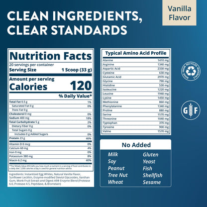 MRM Nutrition Egg White Protein - Sugar Free Vanilla Flavored Powder, 23g Fat-Free Protein with Digestive Enzymes, Free of Dairy, Gluten, and Soy, High Biological Value - 20 Servings - dailyvitalstore