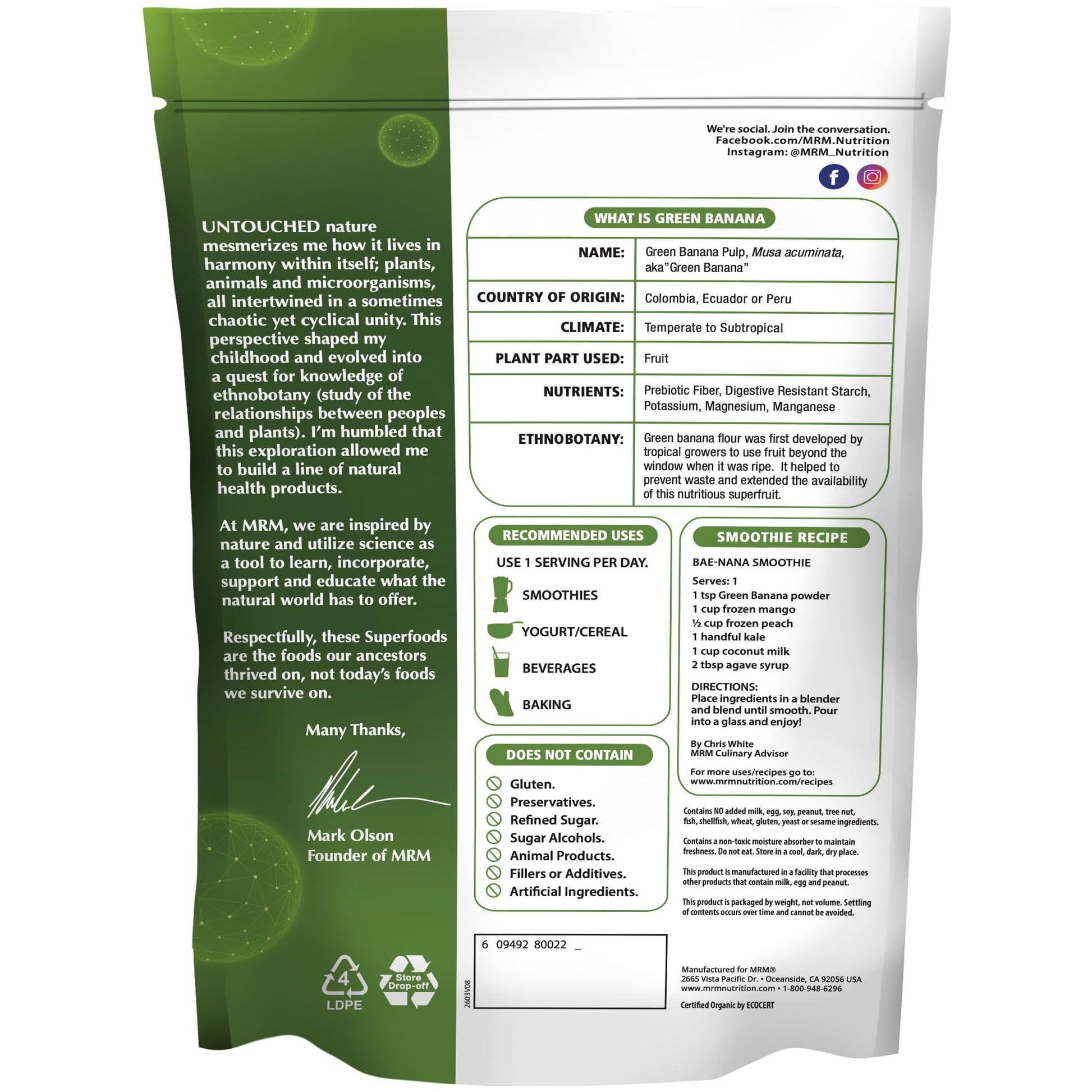 MRM Organic Green Banana Powder Superfood - Prebiotic-Fiber, Digestive Resistant Starch, Flour Alternative for Baking, Cooking and Shakes, Gluten‑Free, Vegan, Non-GMO verified-40 Servings - dailyvitalstore